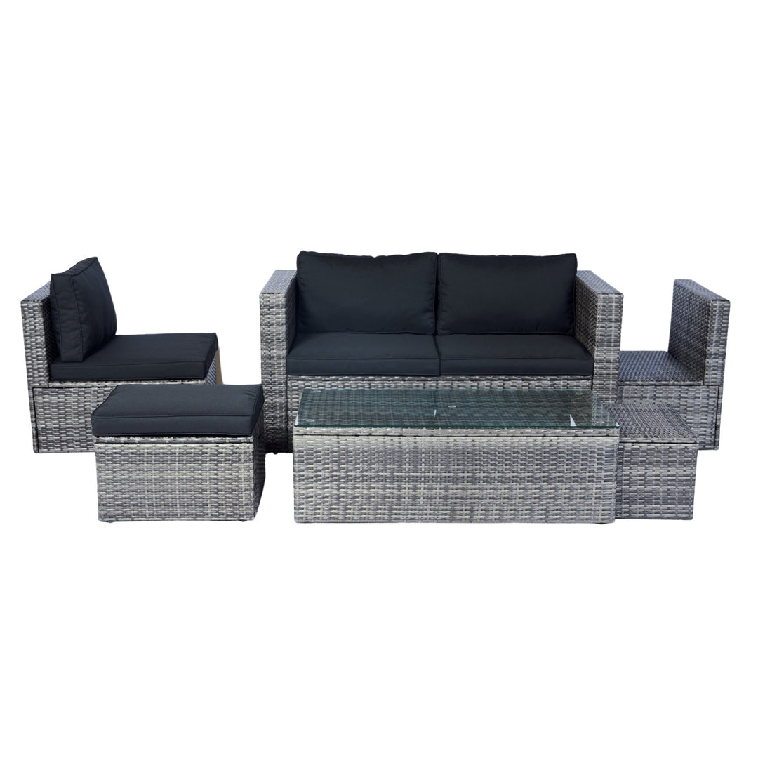 6-Piece Grey Wicker Patio Sectional Set with Black Cushions