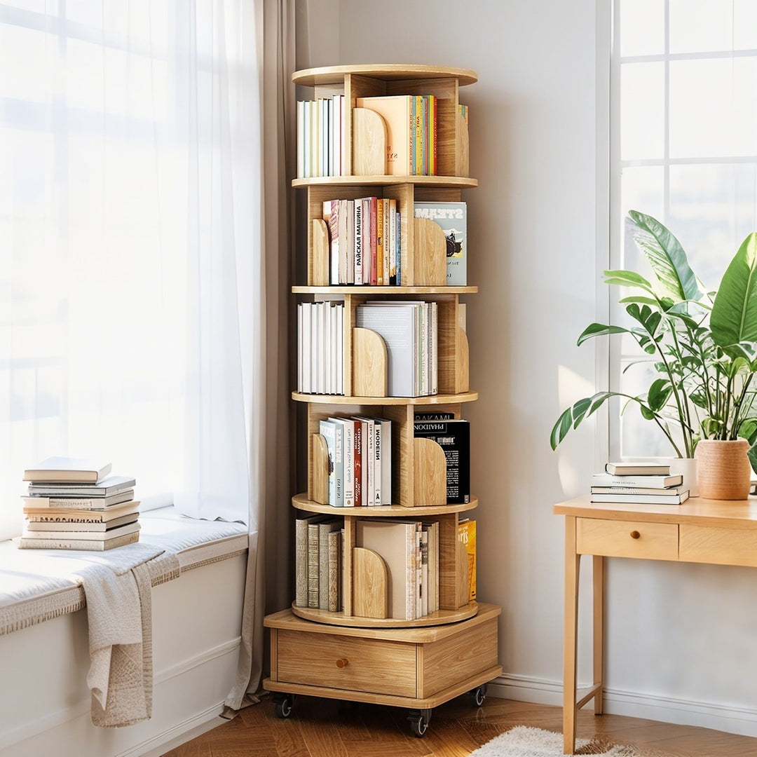 6-Tier 360° Rotating Bookshelf Tower – Wood Finish
