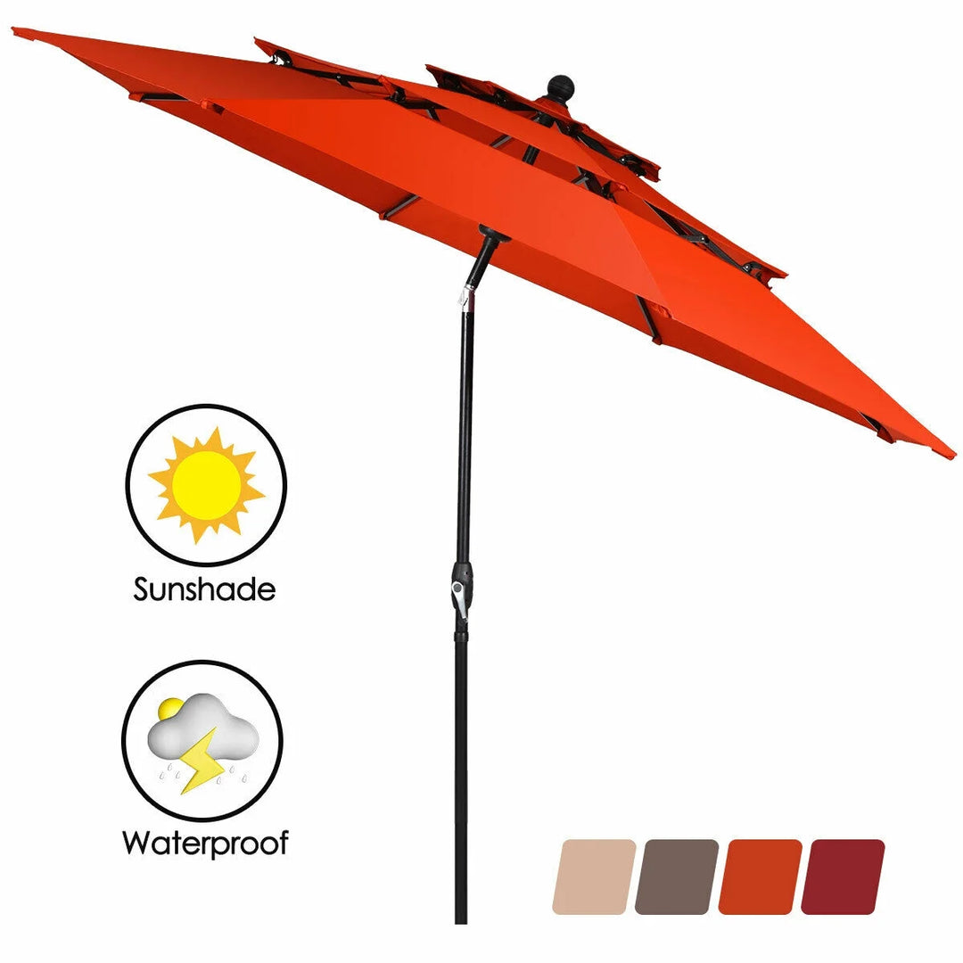 10ft Triple-Tier Patio Market Umbrella – Aluminum Frame, Crank Lift, Double Vented Sunshade in Burnt Orange
