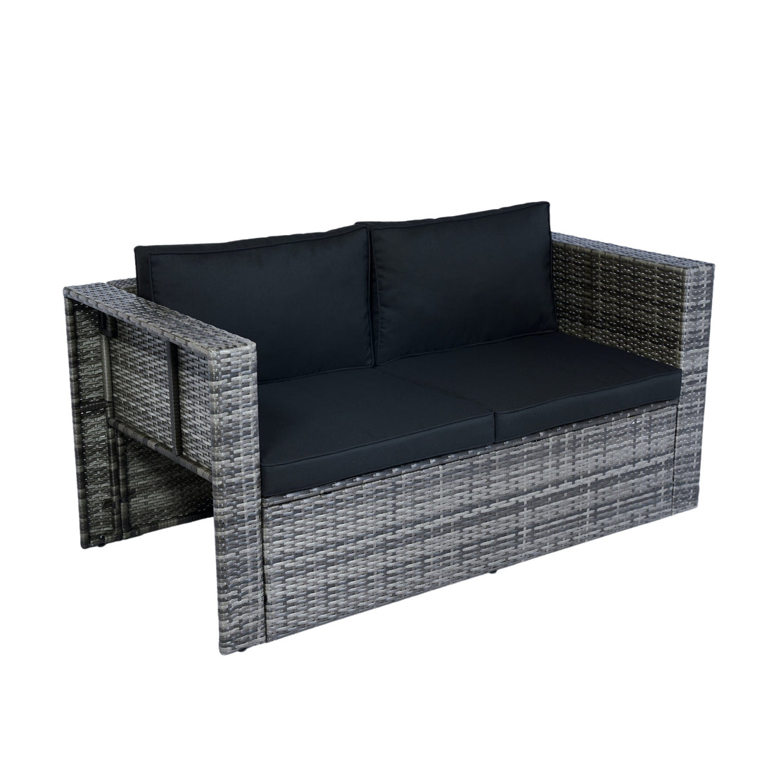 6-Piece Grey Wicker Patio Sectional Set with Black Cushions