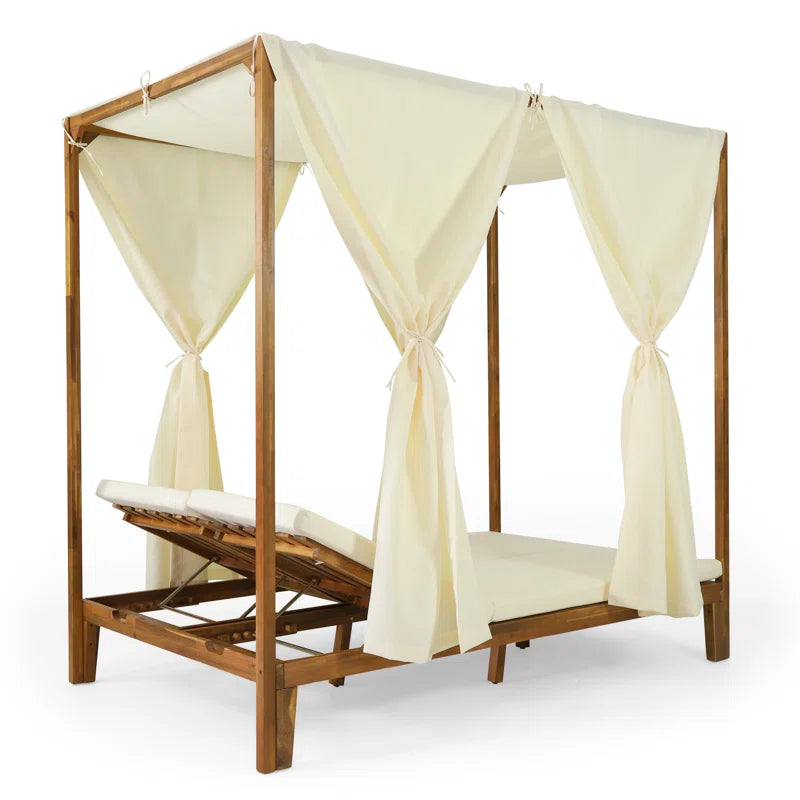 Acacia Wood Outdoor Patio Daybed | 51" Double Chaise with Adjustable Backrests & Canopy Frame