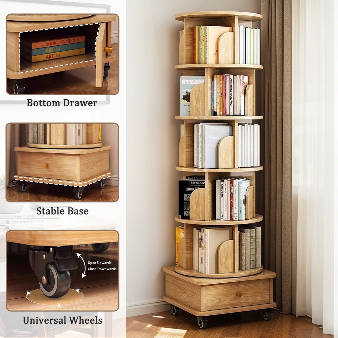 6-Tier 360° Rotating Bookshelf Tower – Wood Finish