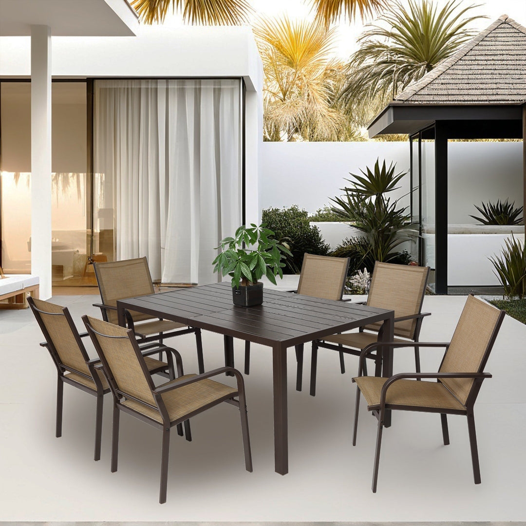 7-Piece Patio Dining Set with Table and 6 Stackable Textilene Chairs, Brown