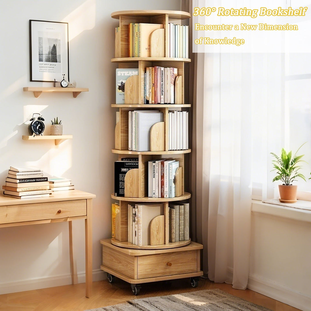 6-Tier 360° Rotating Bookshelf Tower – Wood Finish