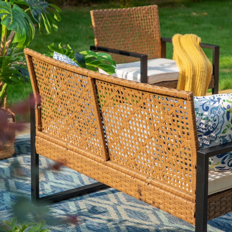 Armantine Darb 4-Person Wicker Patio Set | Acacia Wood Table & Cushioned Seating