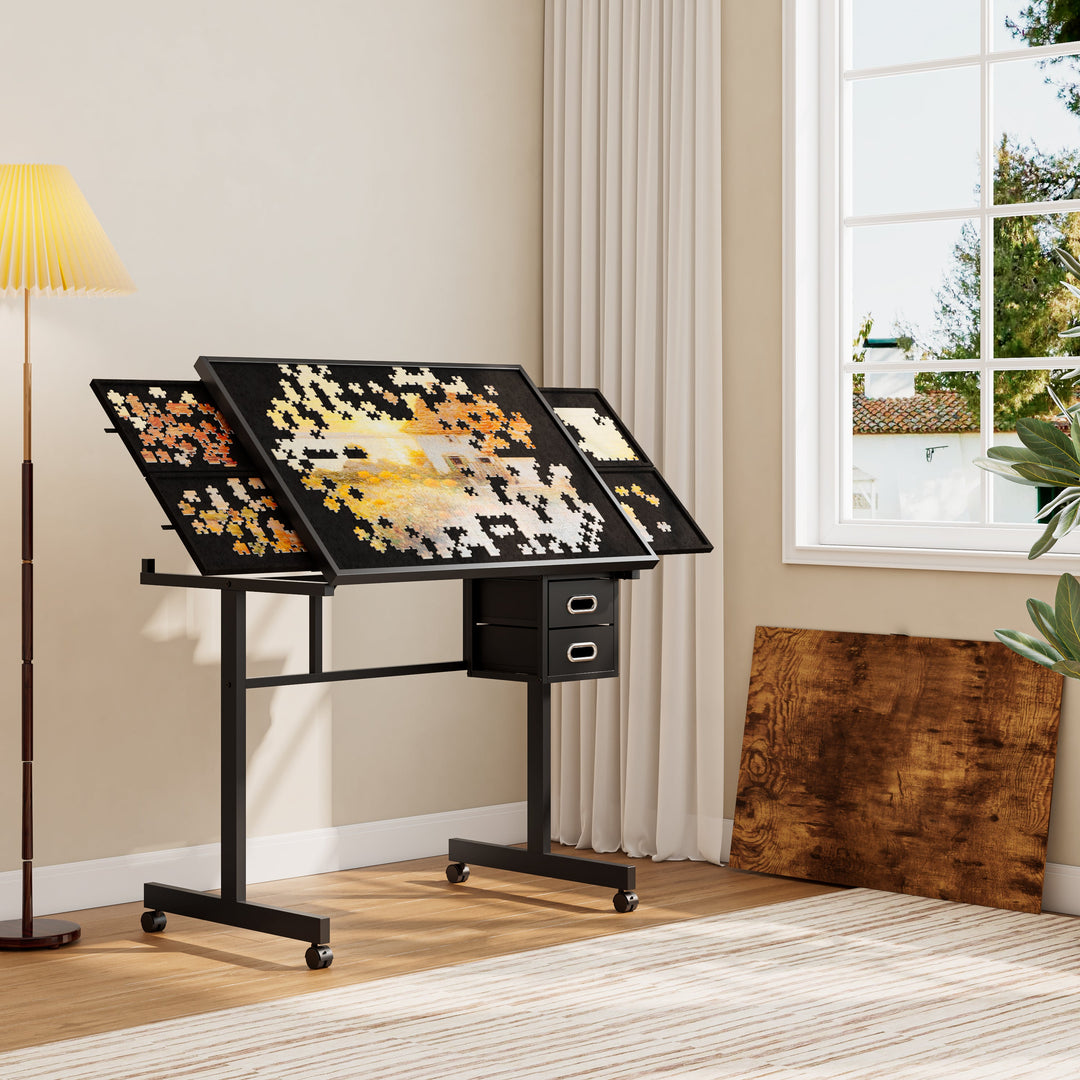 1000-Piece Jigsaw Puzzle Table with 4 Trays, 2 Drawers, and Protective Cover