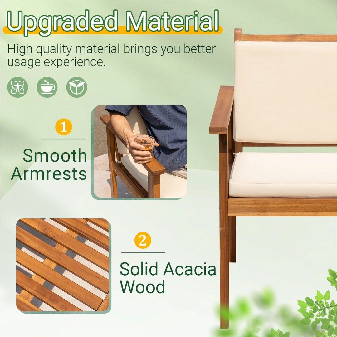 3-Piece Acacia Wood Patio Conversation Set | Beige Cushions & Side Table