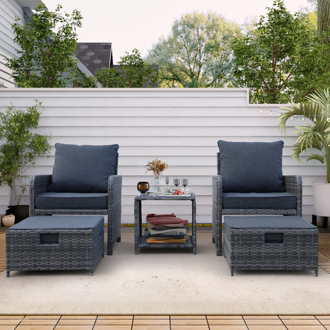 5-Piece Wicker Outdoor Patio Set β Chairs, Ottomans & Coffee Table | Space-Saving Design