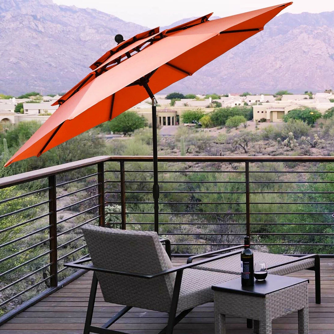 10ft Triple-Tier Patio Market Umbrella – Aluminum Frame, Crank Lift, Double Vented Sunshade in Burnt Orange
