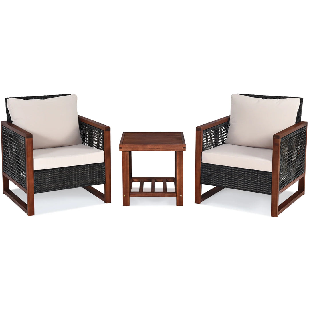 3-Piece Rattan Wicker & Acacia Wood Bistro Set with Cushions and Side Table