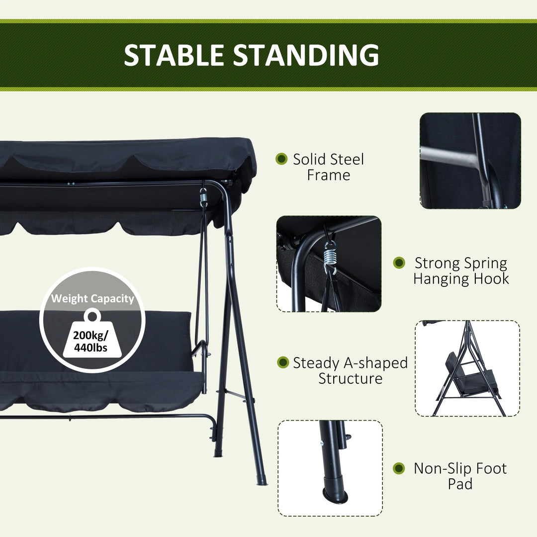 3-Seat Outdoor Patio Swing Chair with Cushions & Adjustable Canopy β Black Steel Frame