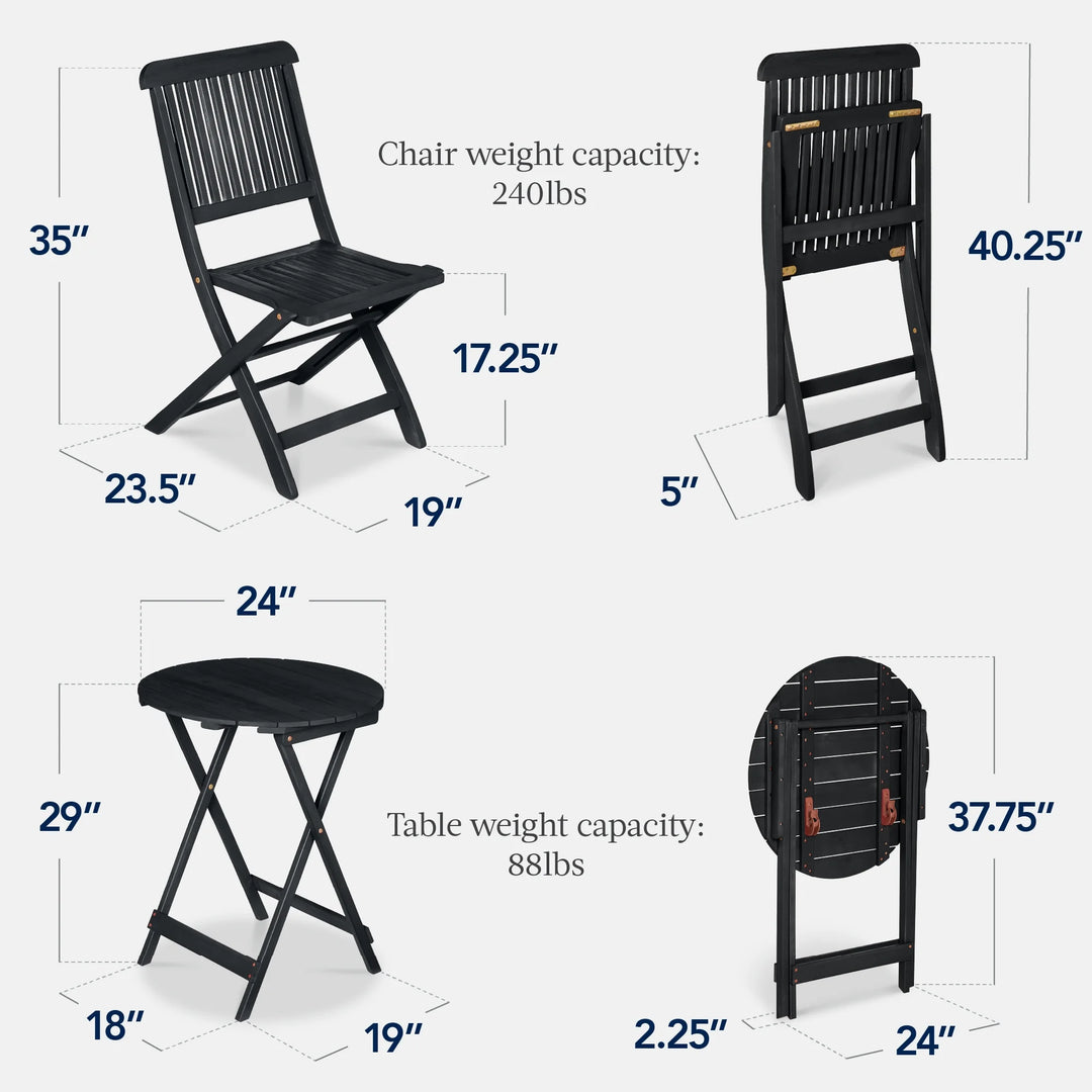 3-Piece Acacia Wood Folding Bistro Set – Charcoal Outdoor Patio Furniture