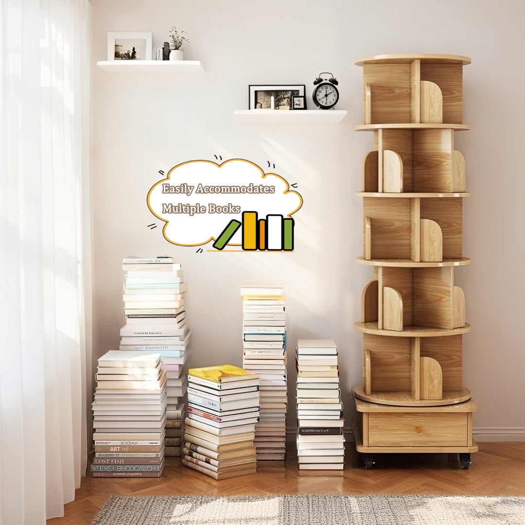 6-Tier 360° Rotating Bookshelf Tower – Wood Finish