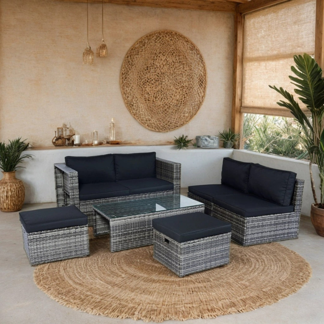 6-Piece Grey Wicker Patio Sectional Set with Black Cushions