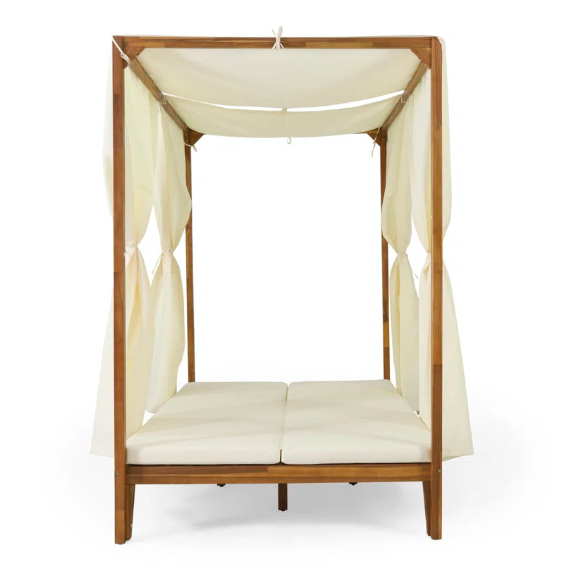 Acacia Wood Outdoor Patio Daybed | 51" Double Chaise with Adjustable Backrests & Canopy Frame