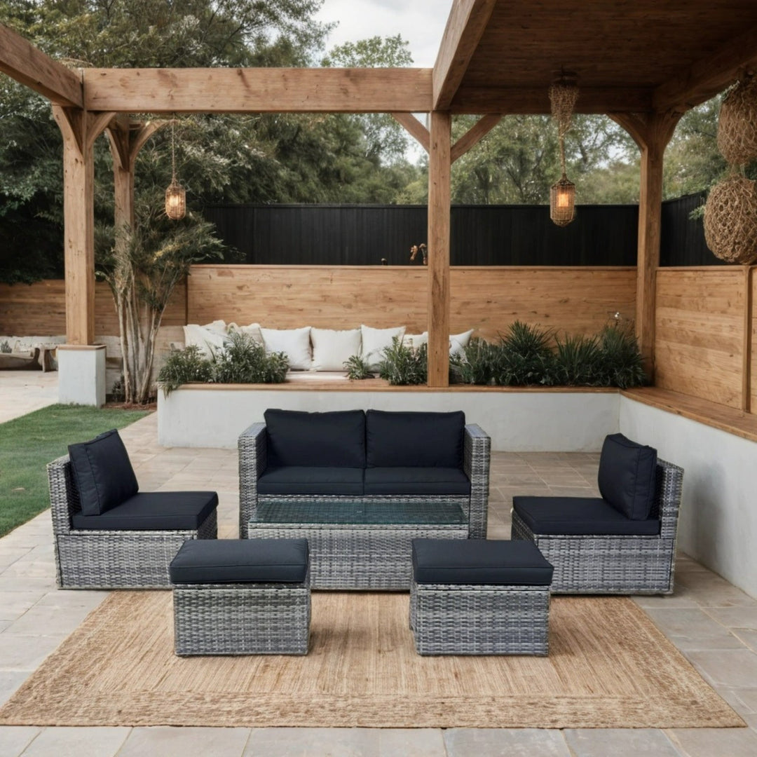 6-Piece Grey Wicker Patio Sectional Set with Black Cushions