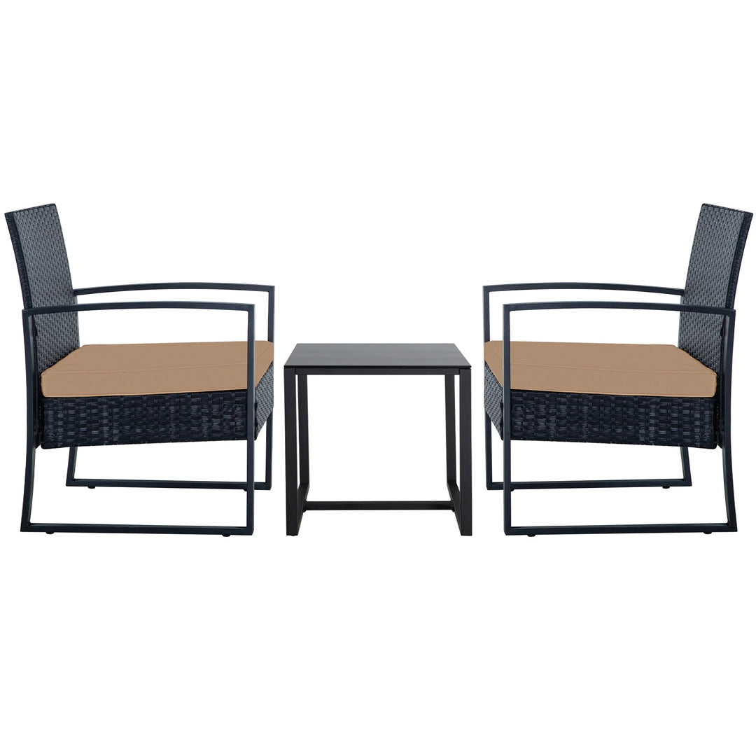 Ainfox 3-Piece Wicker Patio Bistro Set β Brown Rattan Outdoor Conversation Set with Cushioned Chairs & Glass-Top Coffee Table