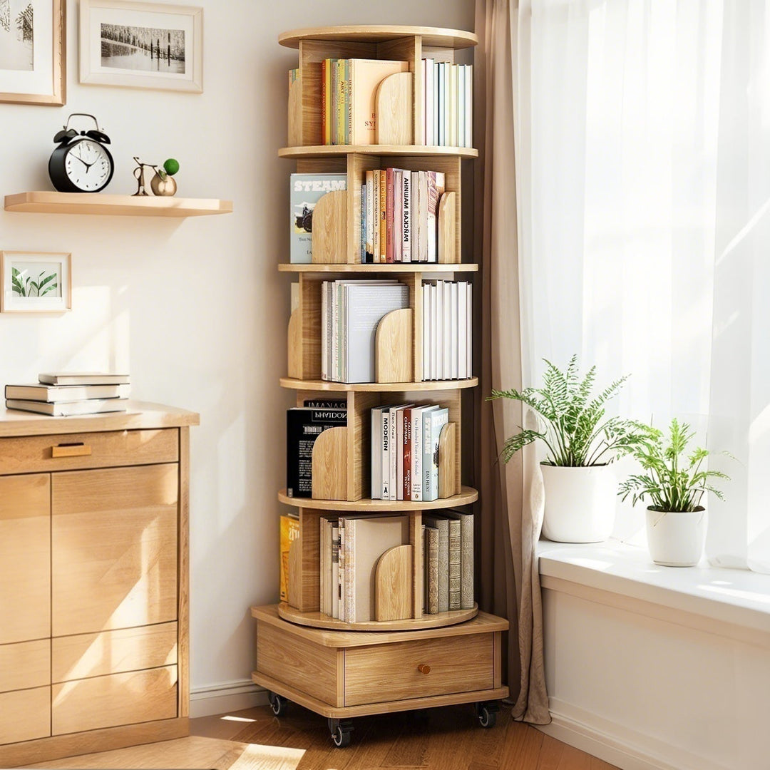 6-Tier 360° Rotating Bookshelf Tower – Wood Finish