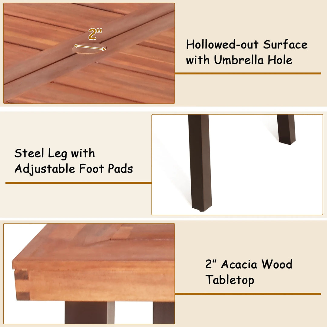 67.5" Rectangular Acacia Wood Dining Table – Indoor/Outdoor Rustic Table with Steel Legs & Umbrella Hole