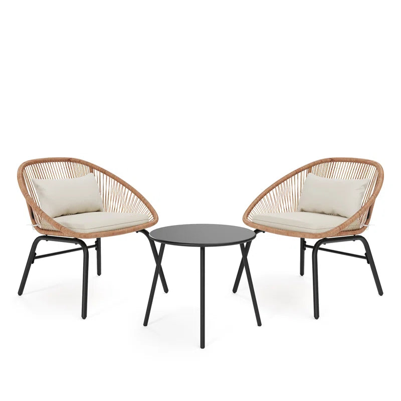 3-Piece Rattan Patio Bistro Set β Handwoven Chairs with Cushions & Round Coffee Table