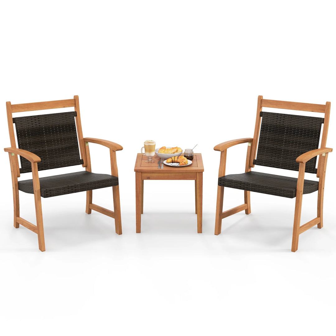 3-Piece Wicker Patio Bistro Set with Acacia Wood Side Table β Outdoor Chair Set for Porch, Balcony, or Backyard