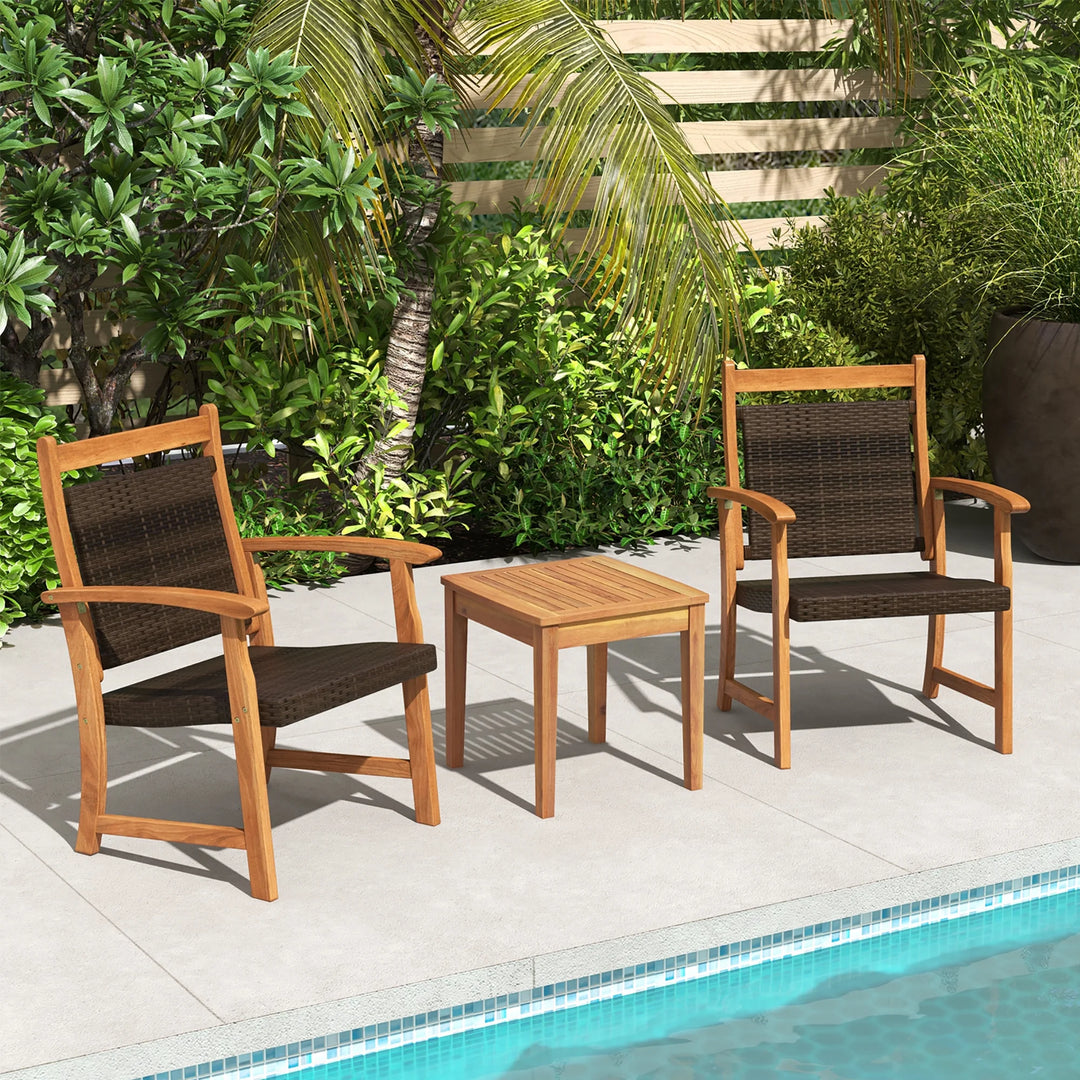 3-Piece Wicker Patio Bistro Set with Acacia Wood Side Table β Outdoor Chair Set for Porch, Balcony, or Backyard