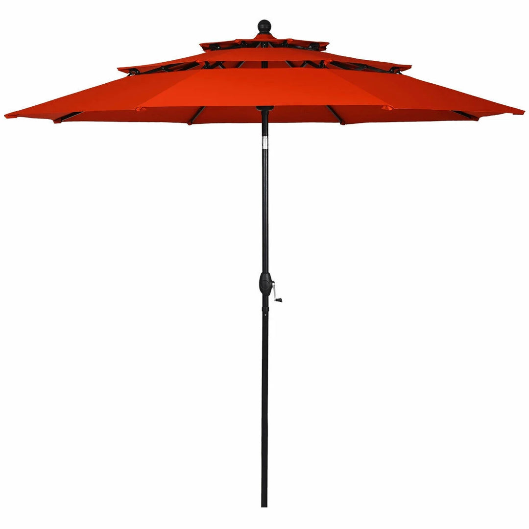 10ft Triple-Tier Patio Market Umbrella – Aluminum Frame, Crank Lift, Double Vented Sunshade in Burnt Orange