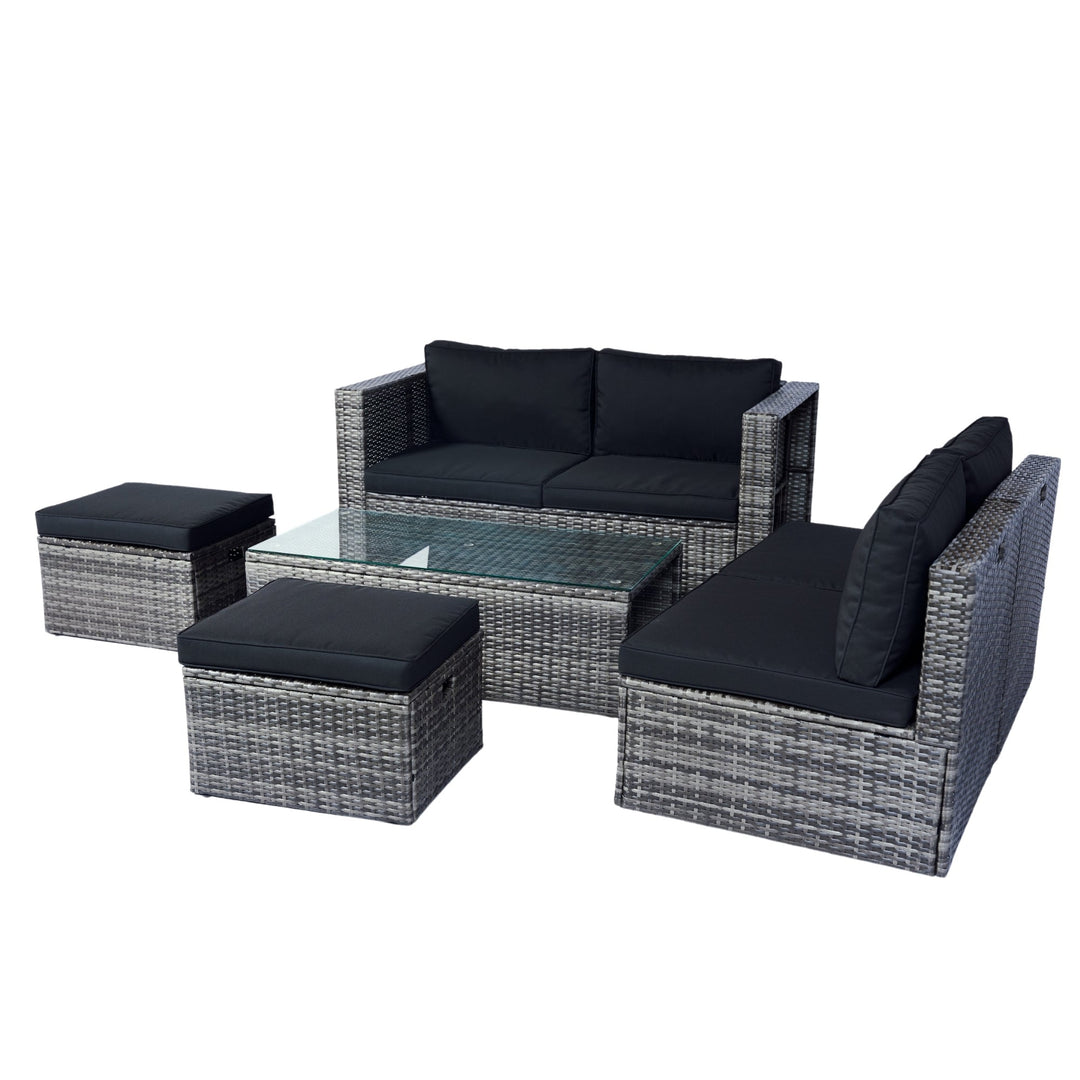 6-Piece Grey Wicker Patio Sectional Set with Black Cushions