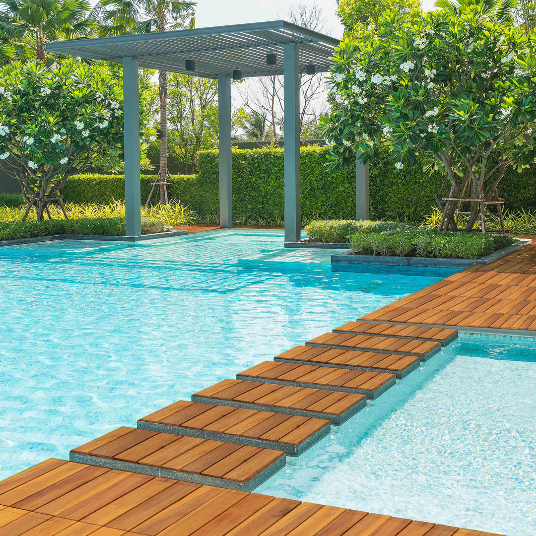 Acacia Wood Deck Tiles – 4 Slat | Natural Gold | Indoor & Outdoor | 12"x12" Interlocking