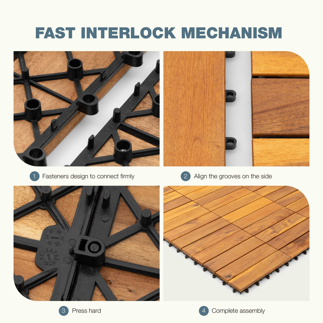 Acacia Wood Deck Tiles – 4 Slat | Natural Gold | Indoor & Outdoor | 12"x12" Interlocking