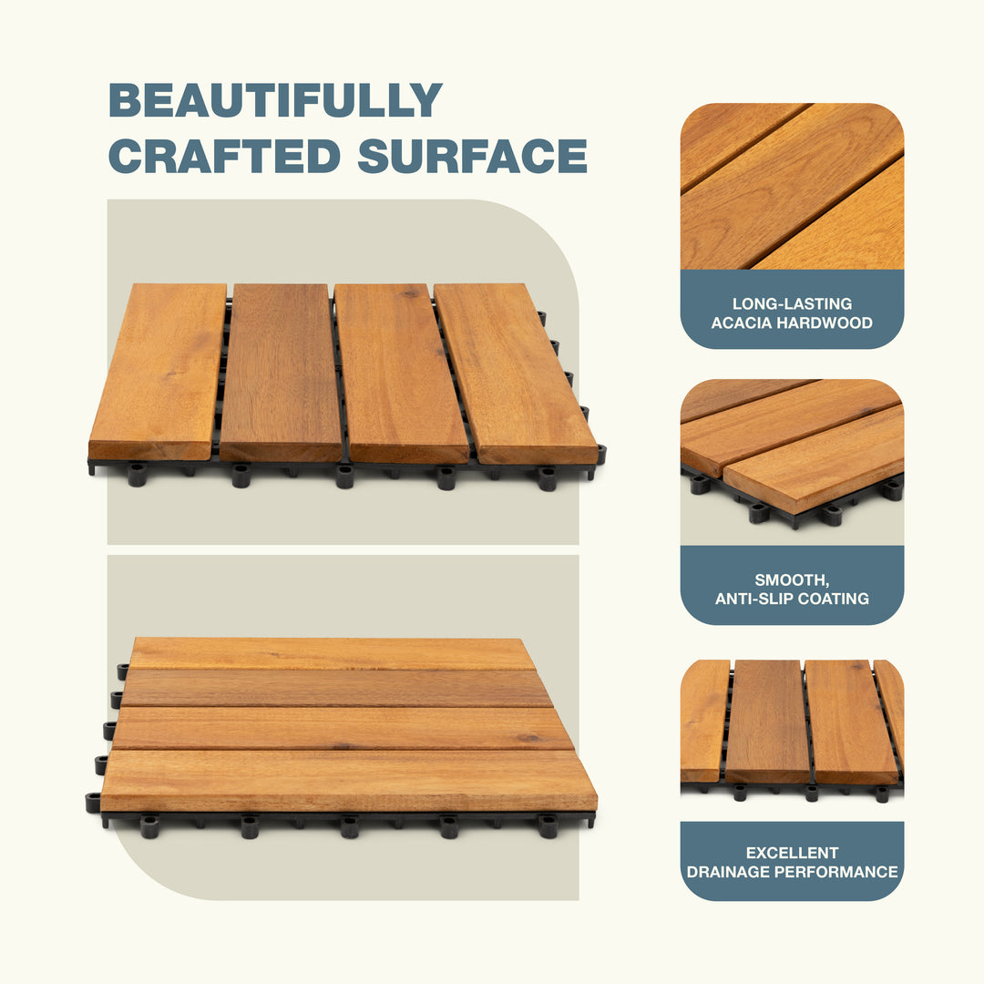 Acacia Wood Deck Tiles – 4 Slat | Natural Gold | Indoor & Outdoor | 12"x12" Interlocking