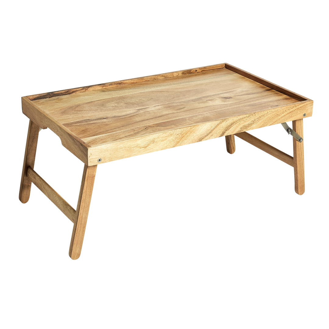 (4-Pack) Natural Acacia Wood Bed Trays with Foldable Stands | Breakfast & Laptop Tray Set