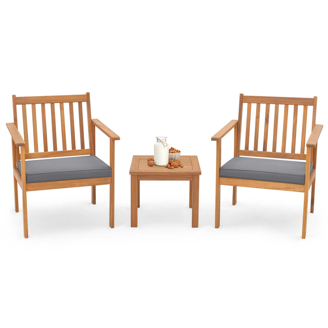3-Piece Acacia Wood Outdoor Patio Set | Natural Finish with Gray Cushions
