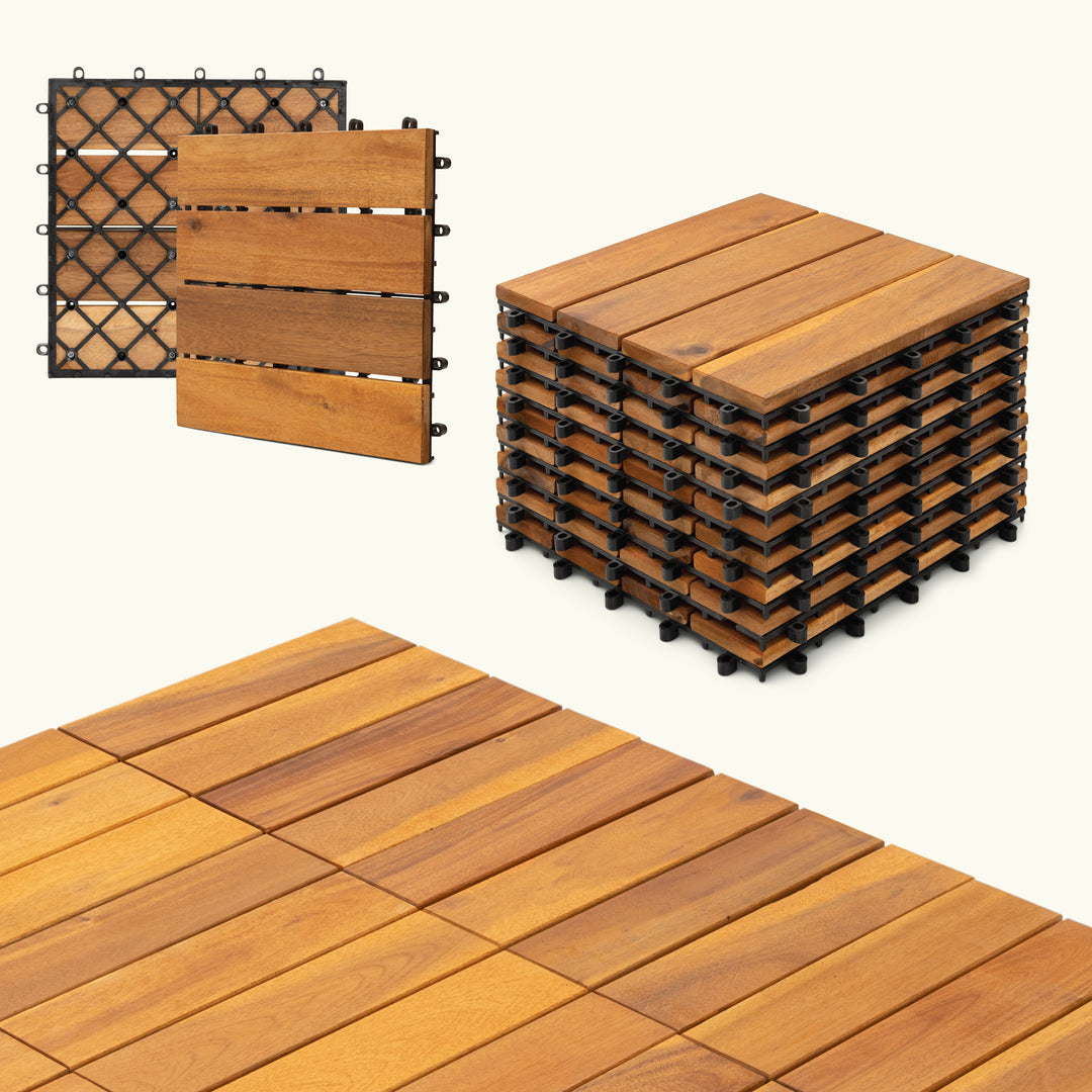 Acacia Wood Deck Tiles – 4 Slat | Natural Gold | Indoor & Outdoor | 12"x12" Interlocking