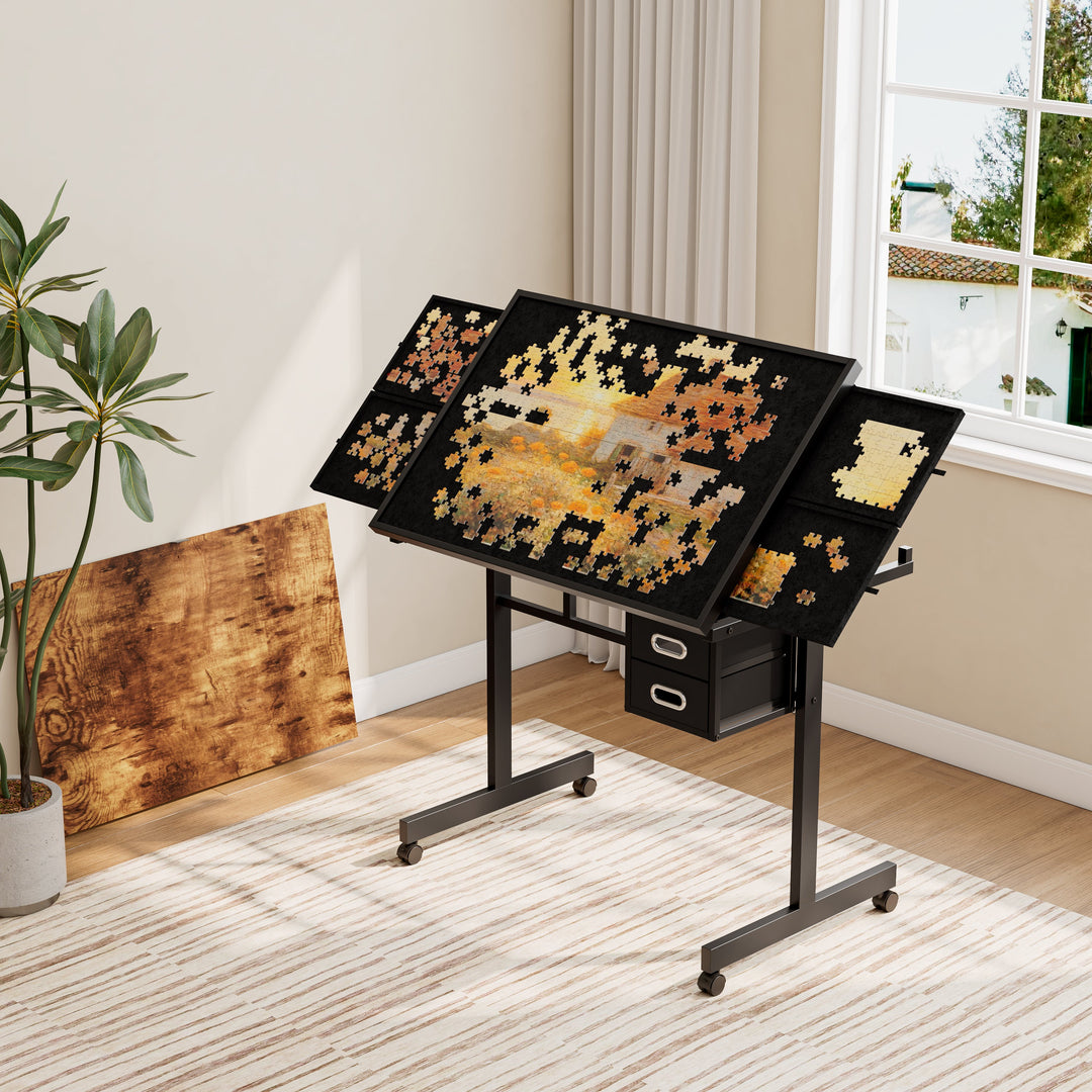 1000-Piece Jigsaw Puzzle Table with 4 Trays, 2 Drawers, and Protective Cover
