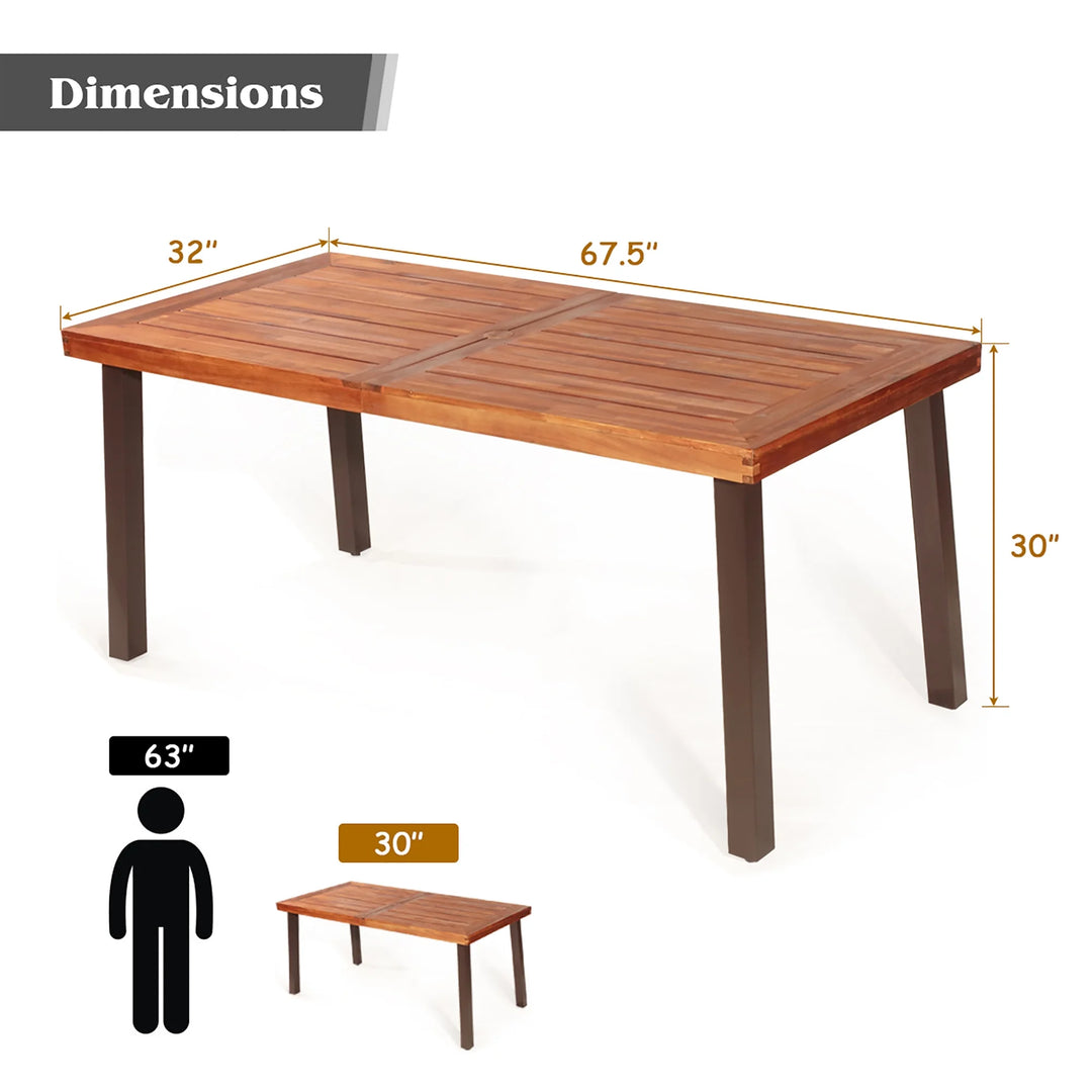 67.5" Rectangular Acacia Wood Dining Table – Indoor/Outdoor Rustic Table with Steel Legs & Umbrella Hole