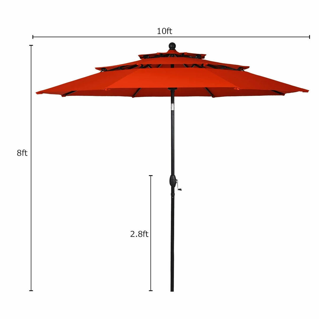 10ft Triple-Tier Patio Market Umbrella – Aluminum Frame, Crank Lift, Double Vented Sunshade in Burnt Orange