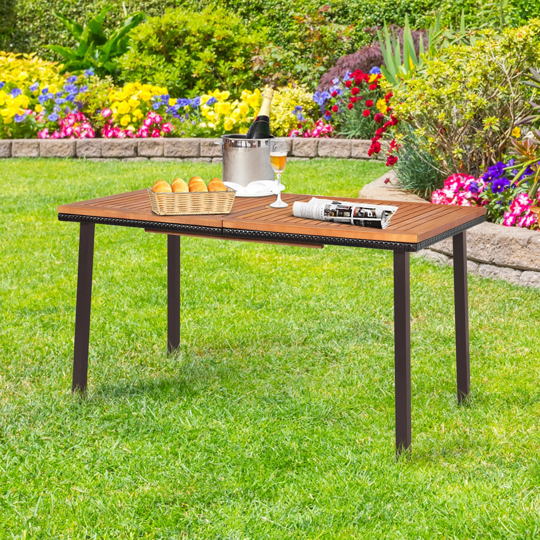 Outdoor Rectangle Acacia Wood Dining Table – 55” Patio Table with 2” Umbrella Hole and Steel Frame