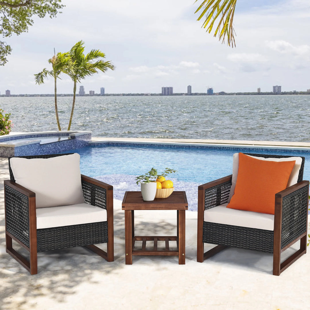 3-Piece Rattan Wicker & Acacia Wood Bistro Set with Cushions and Side Table