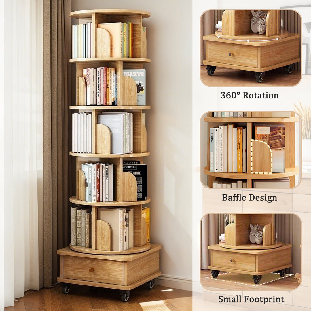 6-Tier 360° Rotating Bookshelf Tower – Wood Finish