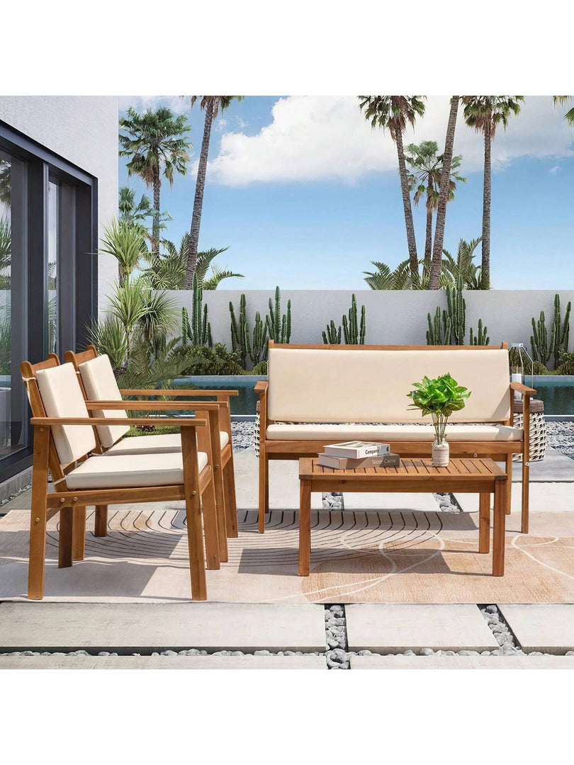 4-Piece Acacia Wood Outdoor Conversation Set | Beige Cushions & Side Table