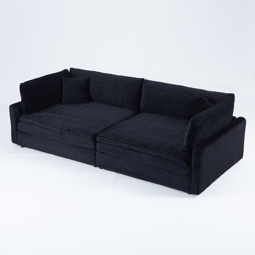 112-Inch Black Corduroy Sofa β Deep Seat, Double-Layer Cushion, 4-Seater with Pillows