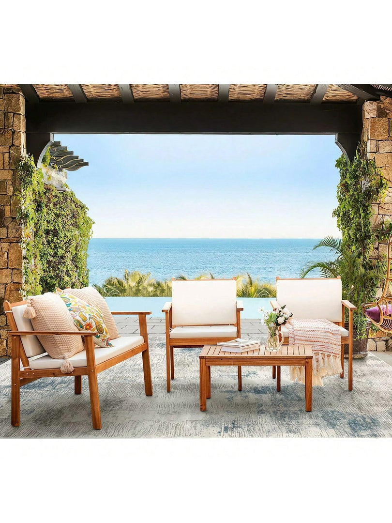 4-Piece Acacia Wood Outdoor Conversation Set | Beige Cushions & Side Table