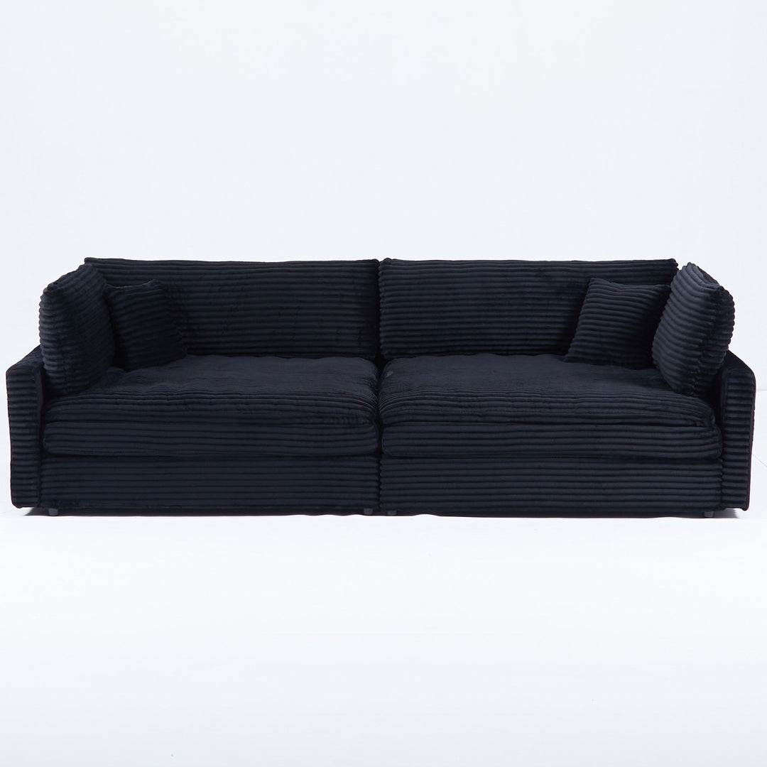 112-Inch Black Corduroy Sofa β Deep Seat, Double-Layer Cushion, 4-Seater with Pillows