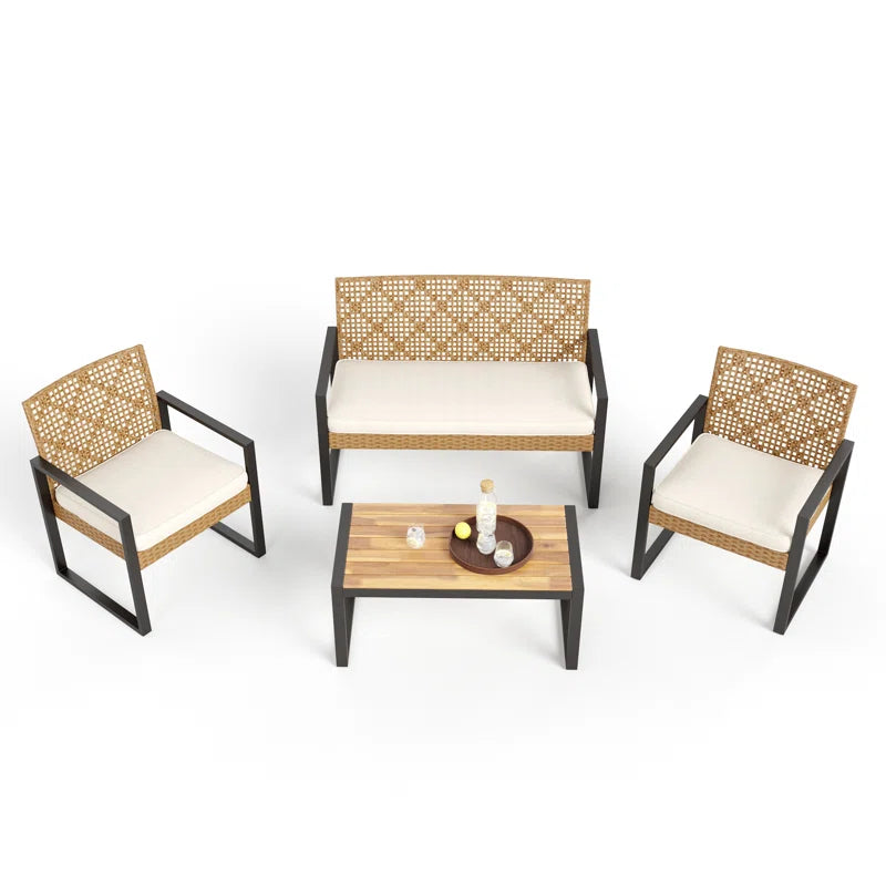 Armantine Darb 4-Person Wicker Patio Set | Acacia Wood Table & Cushioned Seating