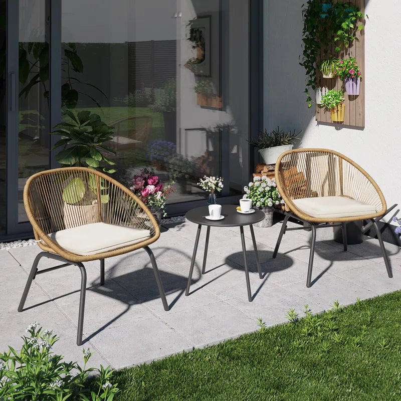 3-Piece Rattan Patio Bistro Set β Handwoven Chairs with Cushions & Round Coffee Table