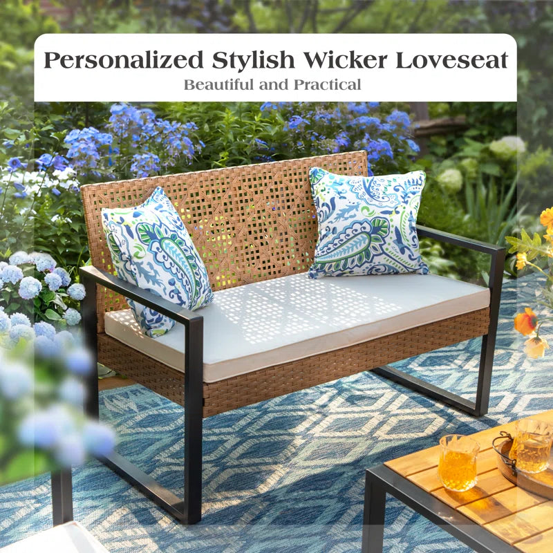 Armantine Darb 4-Person Wicker Patio Set | Acacia Wood Table & Cushioned Seating