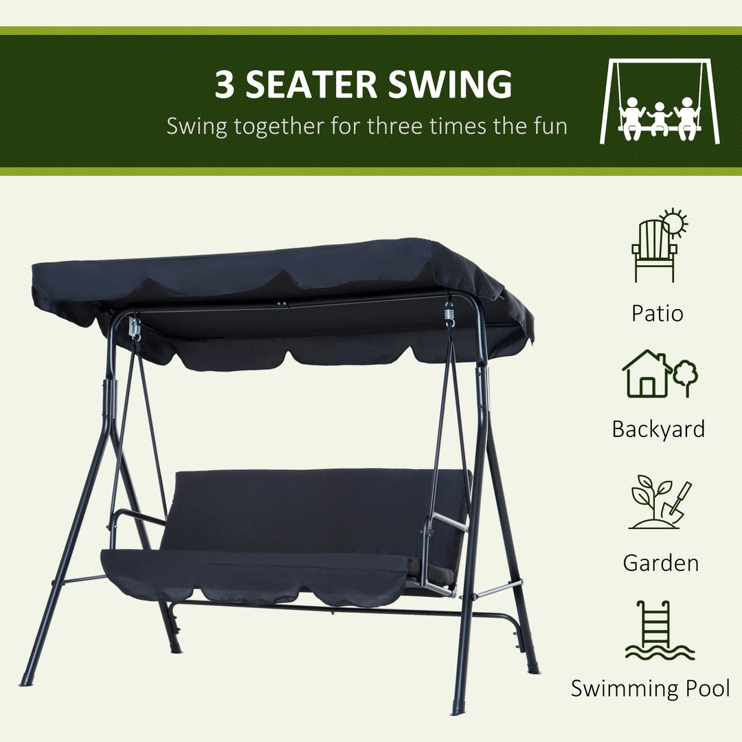 3-Seat Outdoor Patio Swing Chair with Cushions & Adjustable Canopy β Black Steel Frame