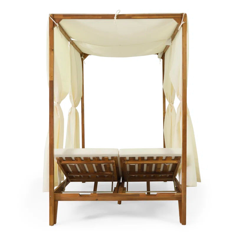Acacia Wood Outdoor Patio Daybed | 51" Double Chaise with Adjustable Backrests & Canopy Frame