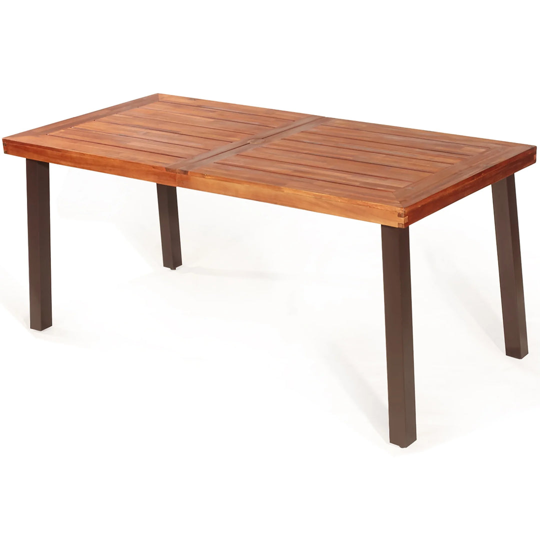 67.5" Rectangular Acacia Wood Dining Table – Indoor/Outdoor Rustic Table with Steel Legs & Umbrella Hole